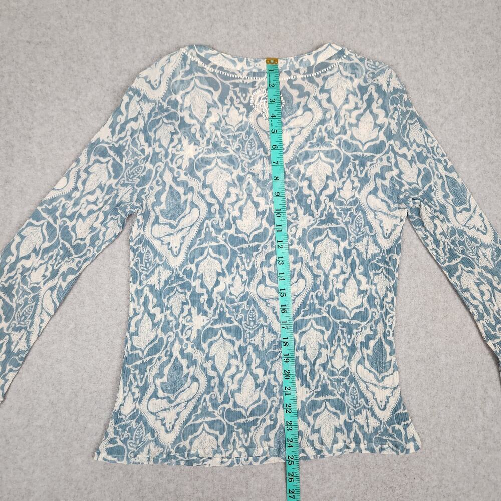 🌼Chico's Blouse Womens Size 1 US M/8 Blue White Silk Embroidery Trim Sheer - Picture 10 of 11